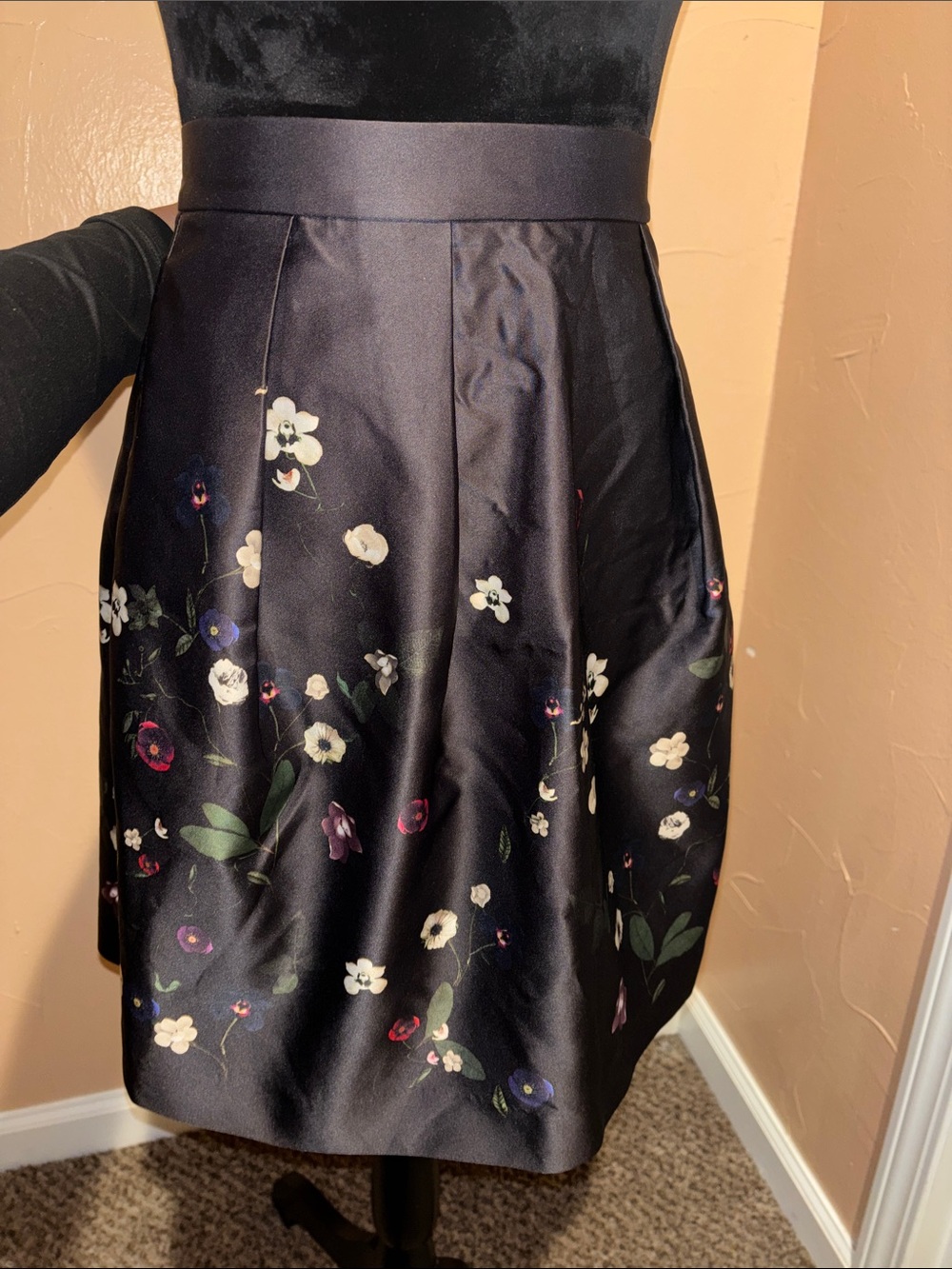 H&M Black Satin A-Line Skirt with Floral Print